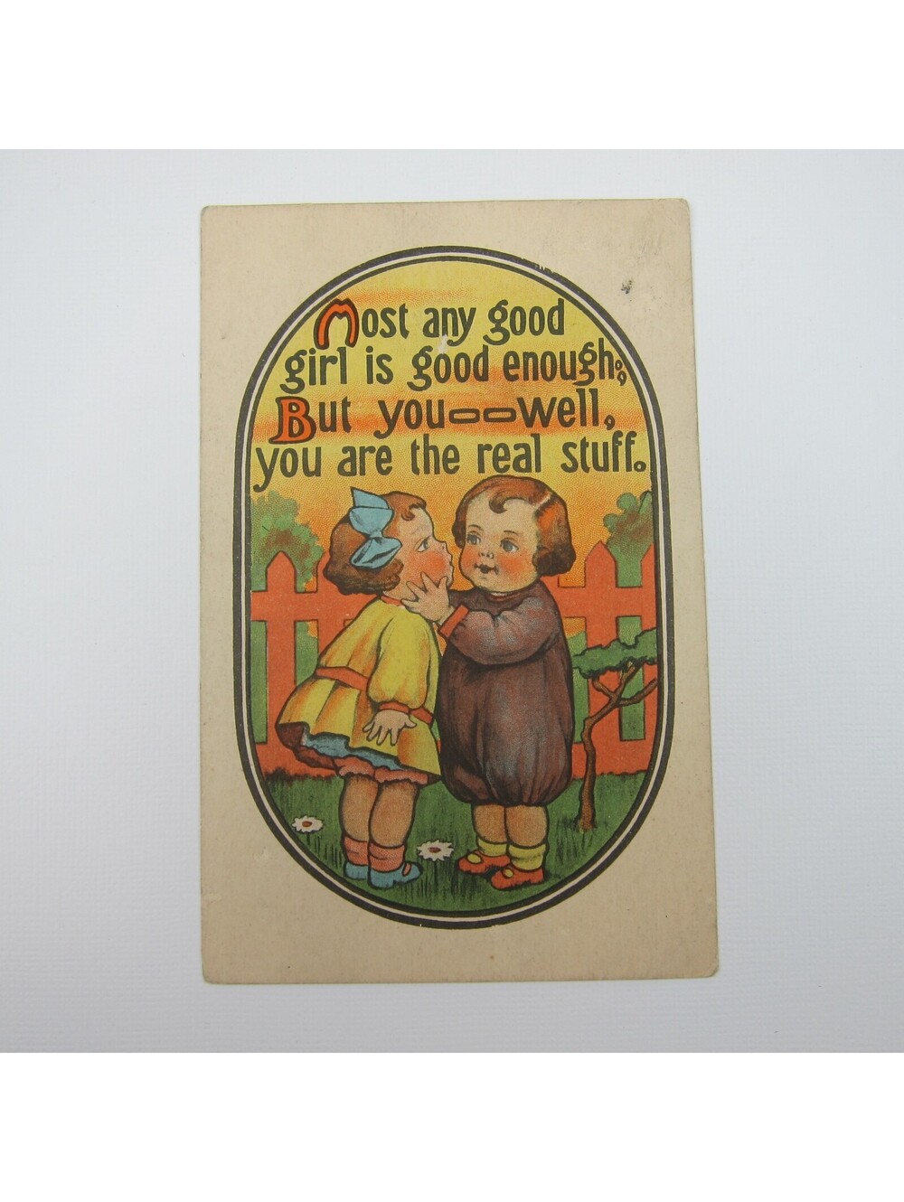 Postcard Boy & Good Girl Yellow Dress Kiss By Fence Daisy Flowers Antique 1917